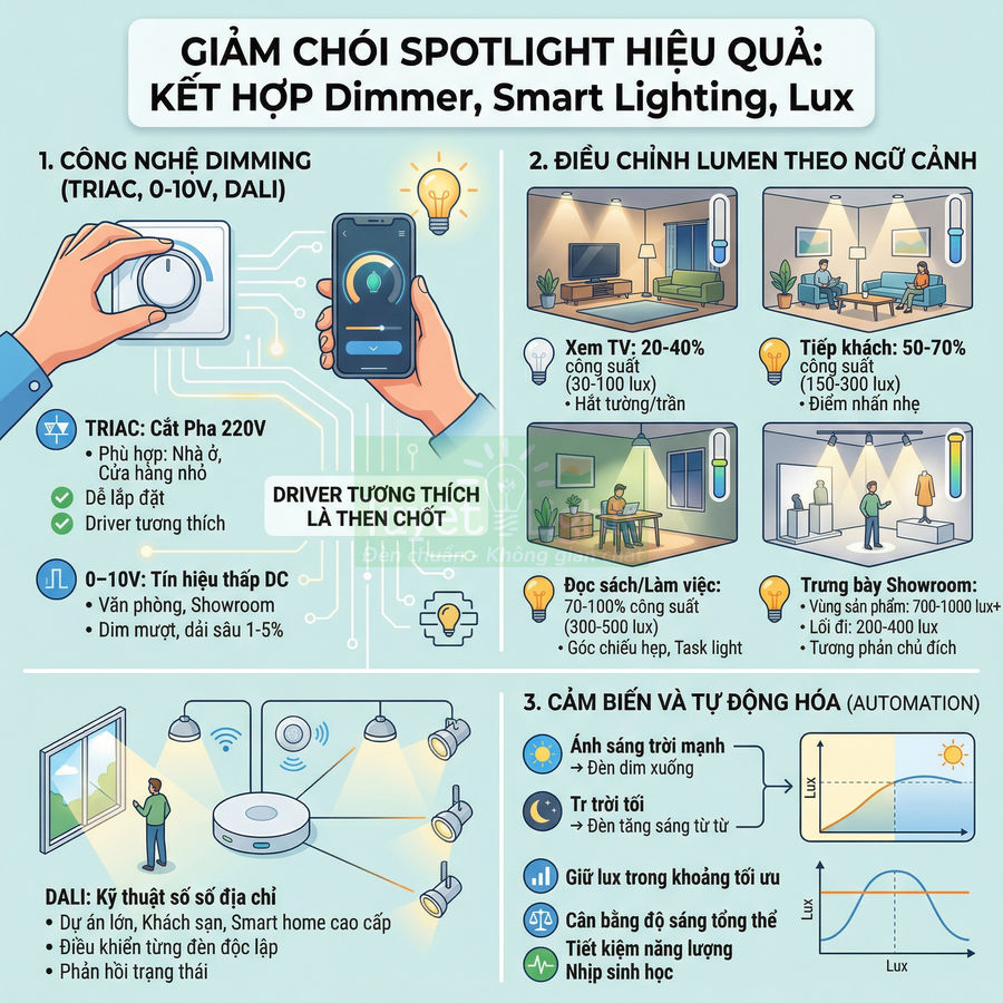 Infographic hướng dẫn giảm chói đèn spotlight bằng dimmer, smart lighting và cảm biến tự động hóa trong nhà
