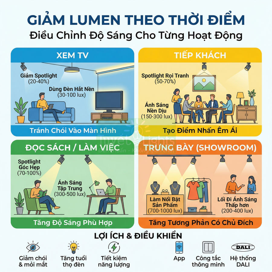 Hướng dẫn điều chỉnh độ sáng đèn LED cho xem TV, tiếp khách, đọc sách làm việc và trưng bày showroom