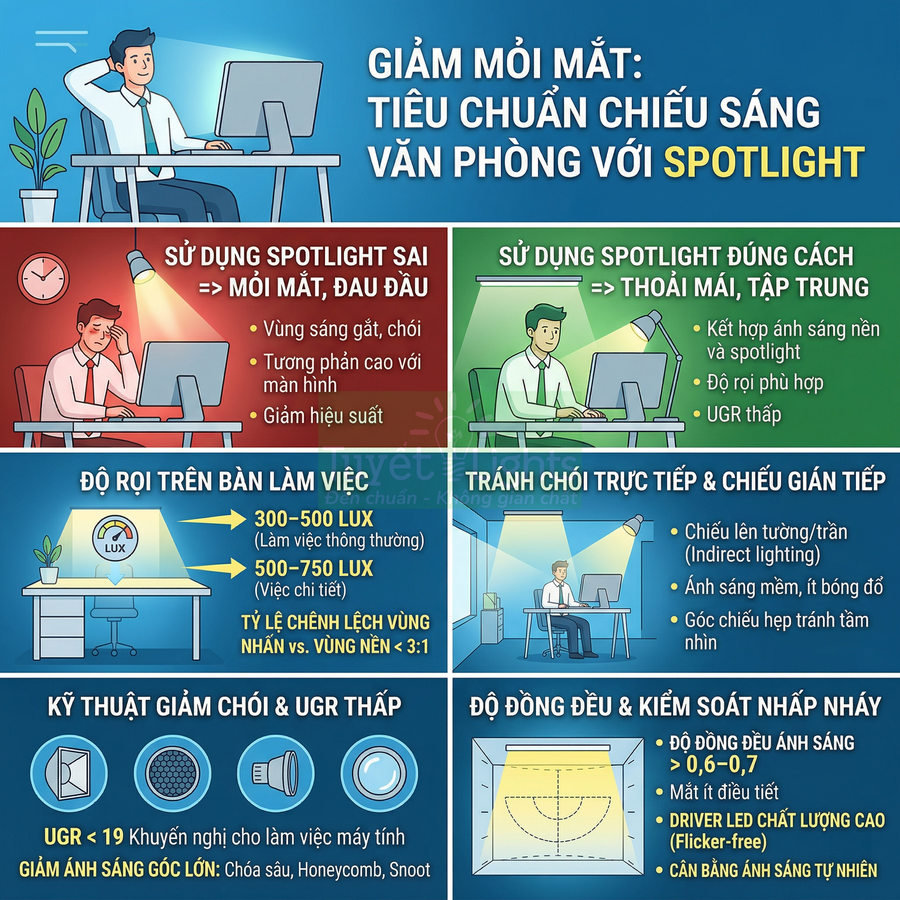 Infographic hướng dẫn tiêu chuẩn chiếu sáng văn phòng với đèn spotlight để giảm mỏi mắt và tăng tập trung khi làm việc