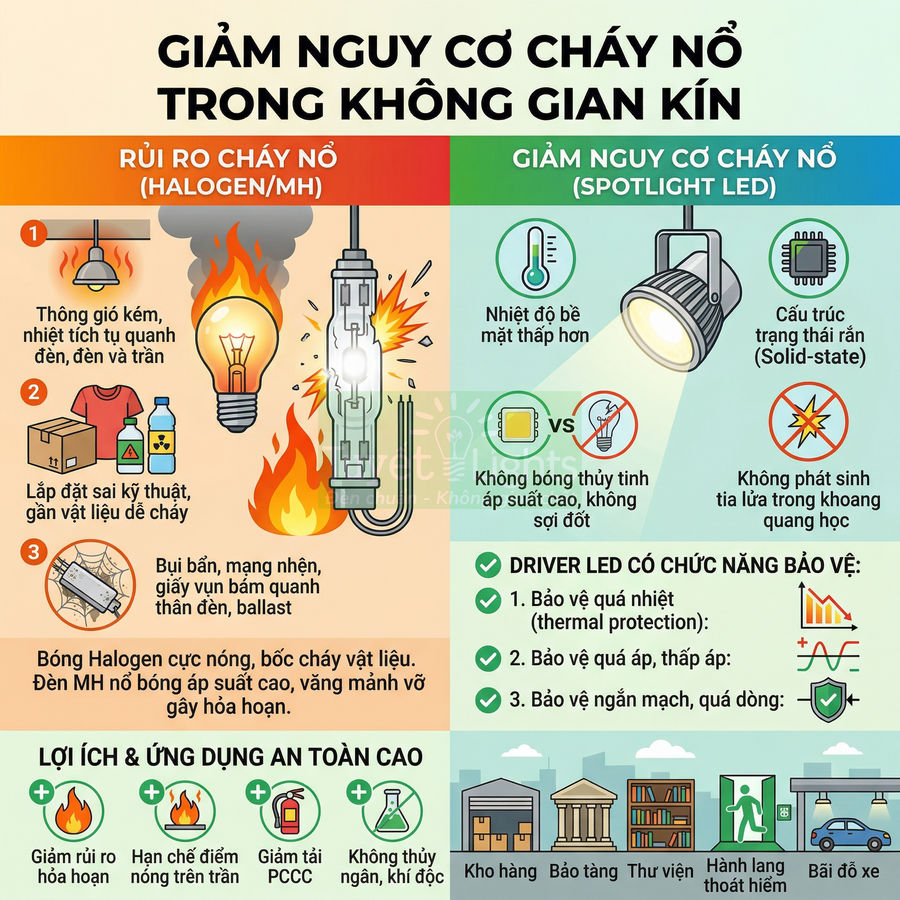 So sánh nguy cơ cháy nổ của đèn halogen với đèn spotlight LED và lợi ích an toàn khi dùng đèn LED trong không gian kín