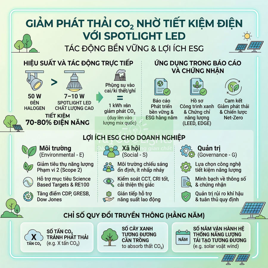 Infographic spotlight LED tiết kiệm điện giảm phát thải CO2 và lợi ích ESG cho doanh nghiệp