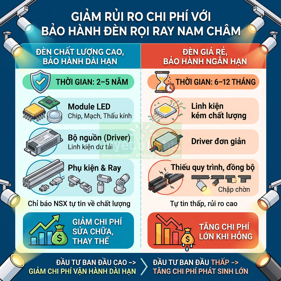 So sánh đèn rọi ray nam châm chất lượng cao và đèn giá rẻ về thời gian bảo hành và chi phí sửa chữa