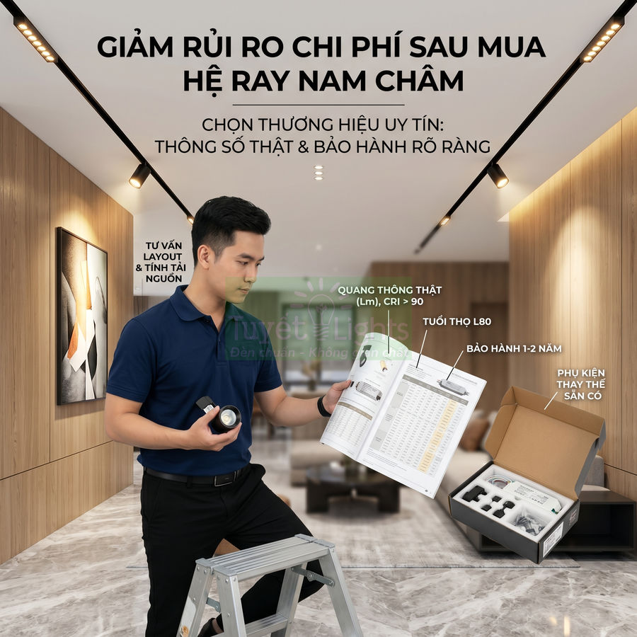 Kỹ thuật viên lắp đặt hệ ray nam châm đèn LED Tuyết Lights trong phòng khách hiện đại