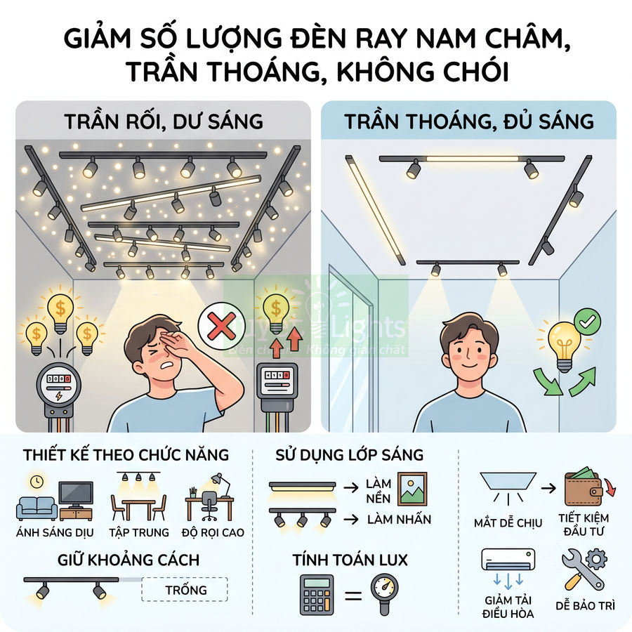 So sánh thiết kế đèn ray nam châm trần rối dư sáng và trần thoáng đủ sáng, tối ưu ánh sáng và tiết kiệm điện