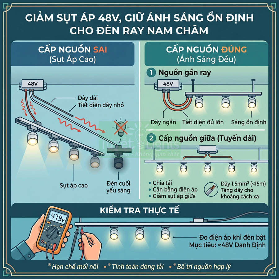 Hướng dẫn cấp nguồn 48V đúng cách cho hệ thống đèn ray nam châm để giảm sụt áp và giữ ánh sáng ổn định