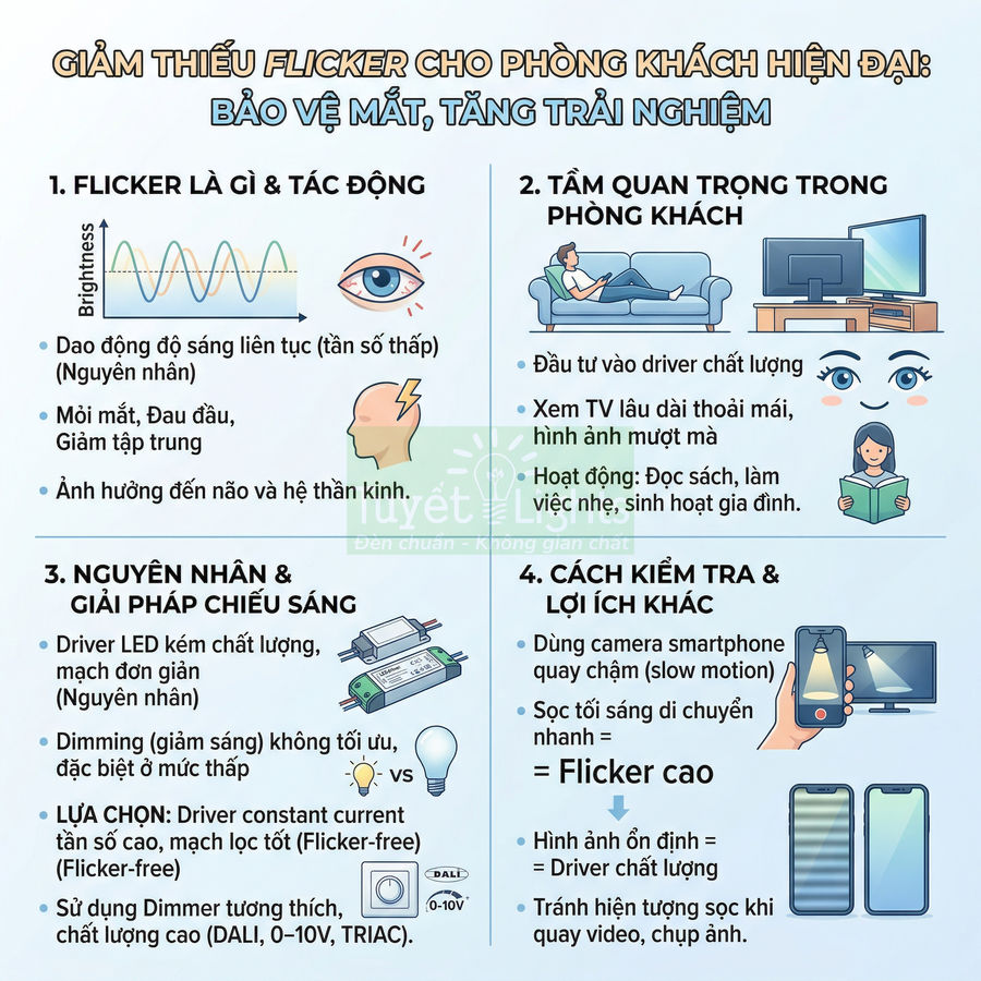 Infographic hướng dẫn giảm nhấp nháy đèn LED trong phòng khách, chọn driver chất lượng bảo vệ mắt và tăng trải nghiệm