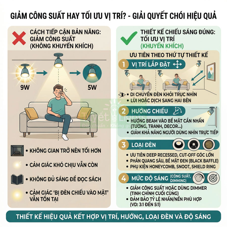 Infographic hướng dẫn thiết kế chiếu sáng phòng khách tối ưu vị trí, hướng chiếu, loại đèn và công suất để giảm chói mắt