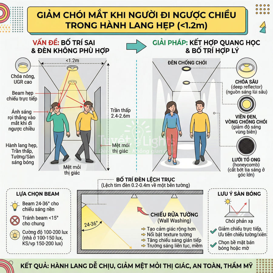 Giải pháp bố trí đèn chống chói cho hành lang hẹp với chóa sâu, vòng chống chói và lưới tổ ong