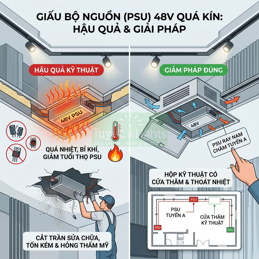 Minh họa hậu quả giấu bộ nguồn 48V PSU quá kín và giải pháp lắp trong hộp kỹ thuật có cửa thăm thoát nhiệt