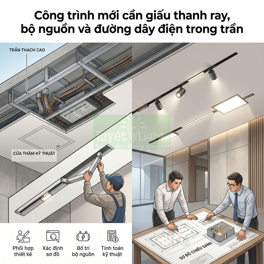 Thi công hệ thống đèn ray âm trần giấu bộ nguồn và dây điện cho công trình mới