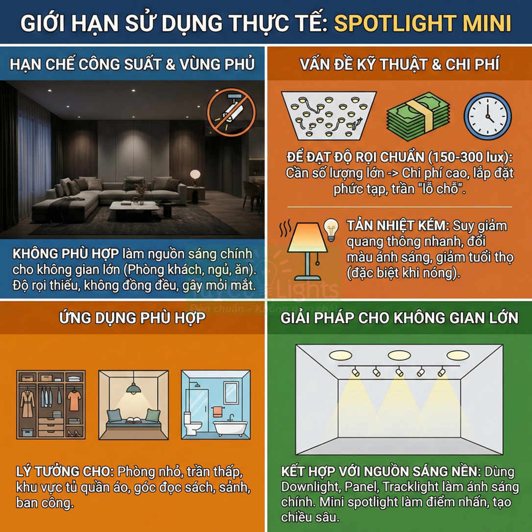 Infographic giới hạn sử dụng thực tế đèn spotlight mini và gợi ý ứng dụng, giải pháp chiếu sáng cho không gian nhỏ và lớn