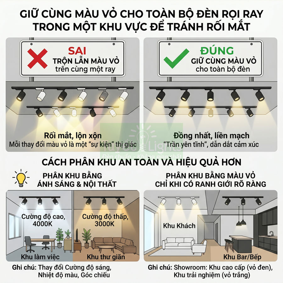 Hướng dẫn chọn màu vỏ đèn rọi ray đồng nhất và bố trí ánh sáng cho khu làm việc, thư giãn, phòng khách, bếp