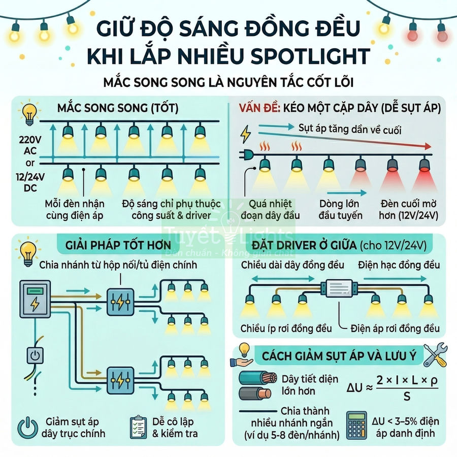 Hướng dẫn lắp nhiều đèn spotlight LED mắc song song, đặt driver giữa để giảm sụt áp và giữ độ sáng đồng đều