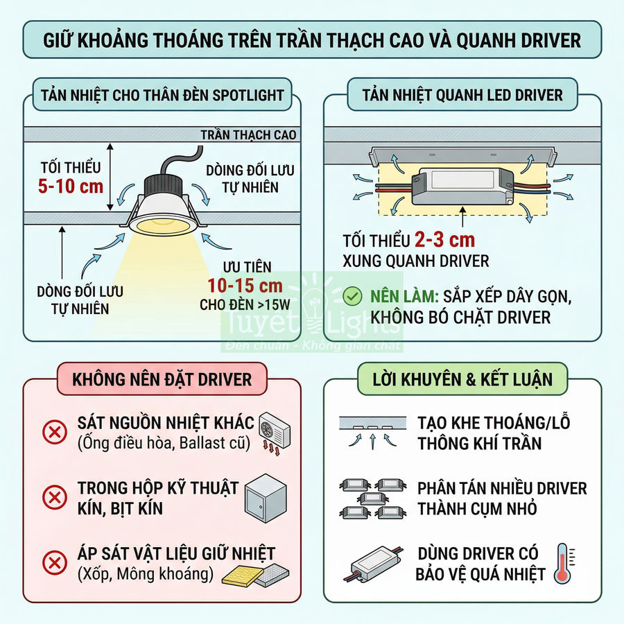 Hướng dẫn lắp đặt đèn LED spotlight và driver trên trần thạch cao với khoảng cách tản nhiệt an toàn