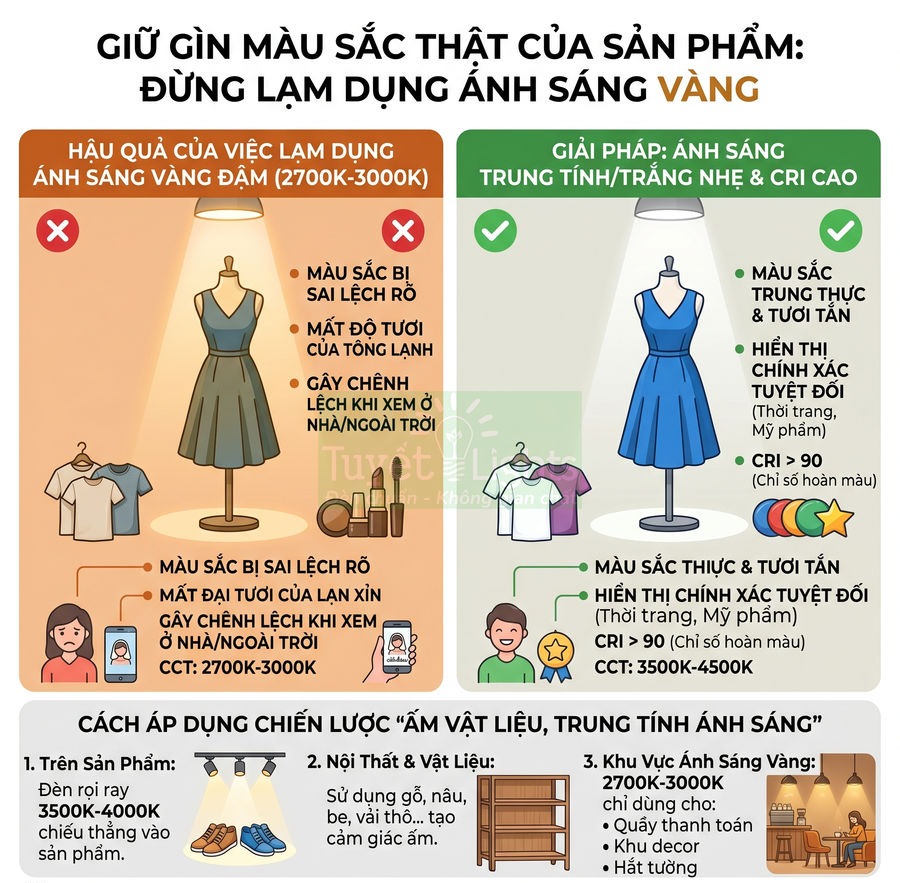 Hướng dẫn chọn ánh sáng trung tính để giữ màu sắc chân thực cho quần áo và mỹ phẩm trưng bày trong cửa hàng