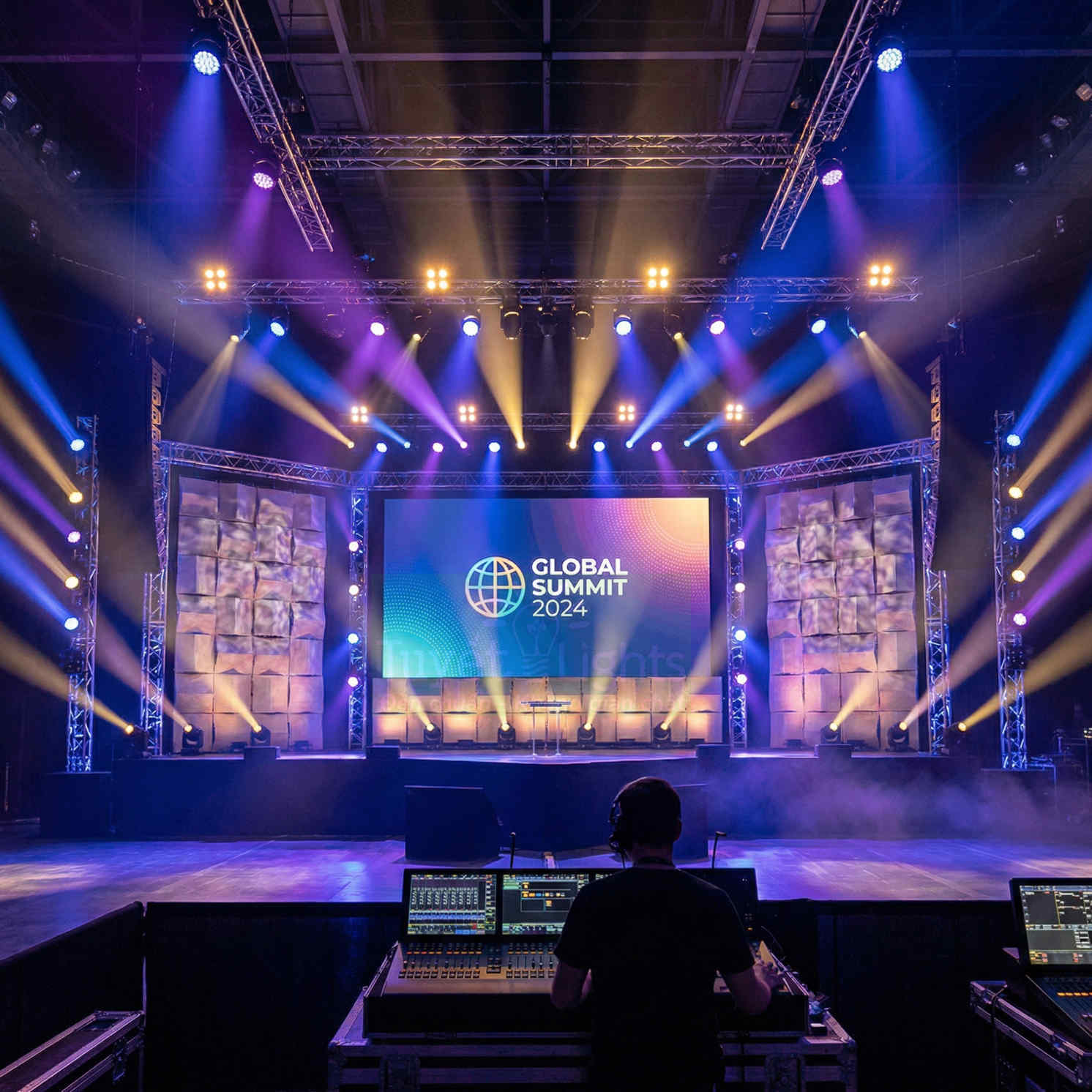 Sân khấu hội nghị Global Summit 2024 với màn hình LED lớn và hệ thống ánh sáng chuyên nghiệp