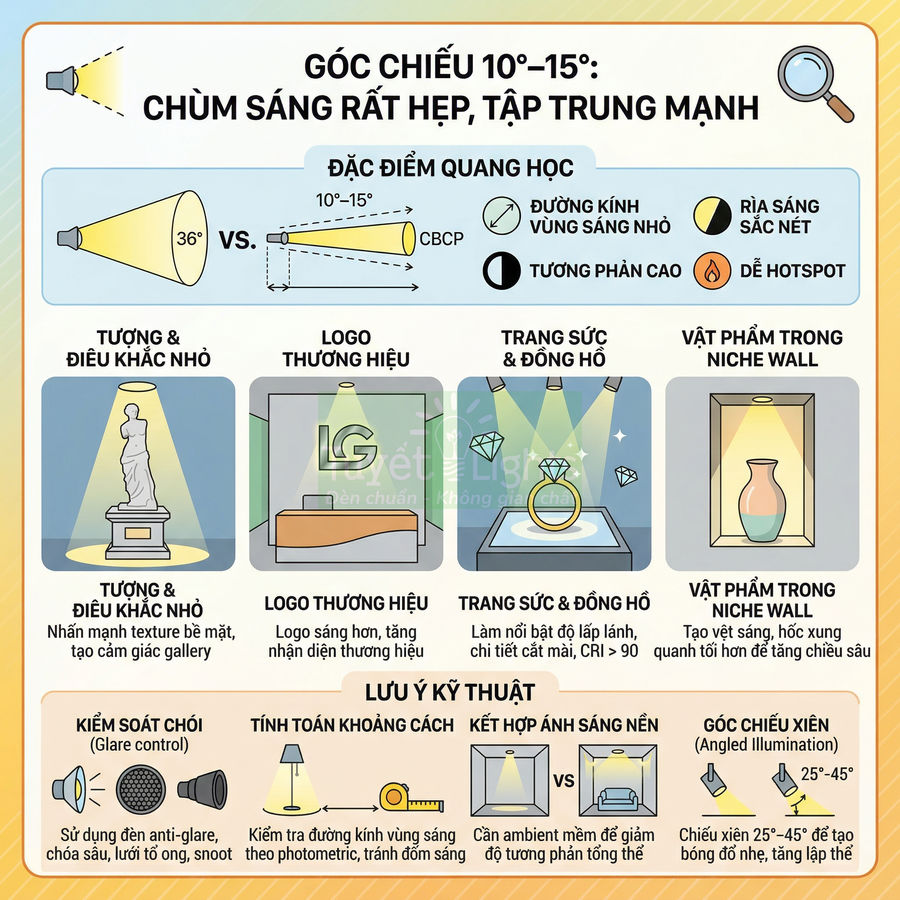 Infographic giới thiệu góc chiếu đèn LED 10–15 độ để chiếu tượng, logo thương hiệu LG, trang sức và vật trang trí