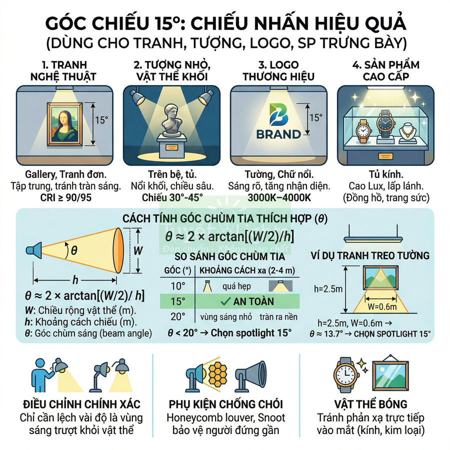 Hướng dẫn chiếu sáng spotlight góc 15 độ cho tranh nghệ thuật, logo, tượng và sản phẩm trưng bày cao cấp