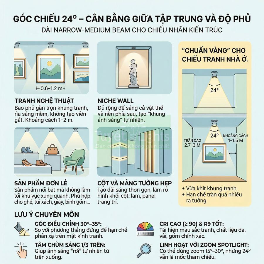 Infographic hướng dẫn dùng đèn rọi góc chiếu 24 độ để chiếu tranh nghệ thuật, sản phẩm trưng bày và cột tường hẹp