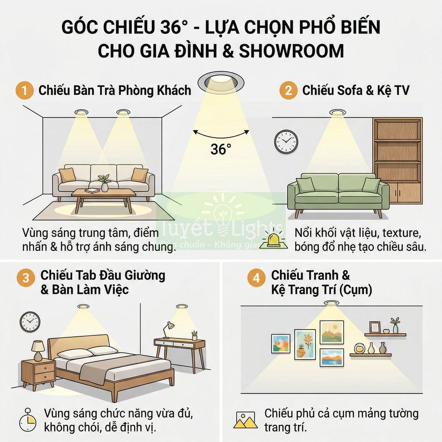 Ứng dụng đèn downlight góc chiếu 36 độ cho phòng khách, phòng ngủ và kệ trang trí trong gia đình và showroom