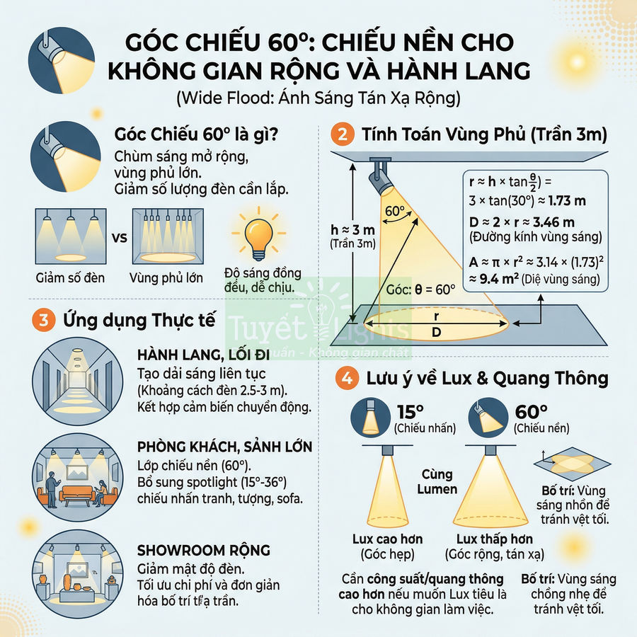 Infographic hướng dẫn sử dụng đèn LED góc chiếu 60 độ cho hành lang, phòng khách và showroom rộng