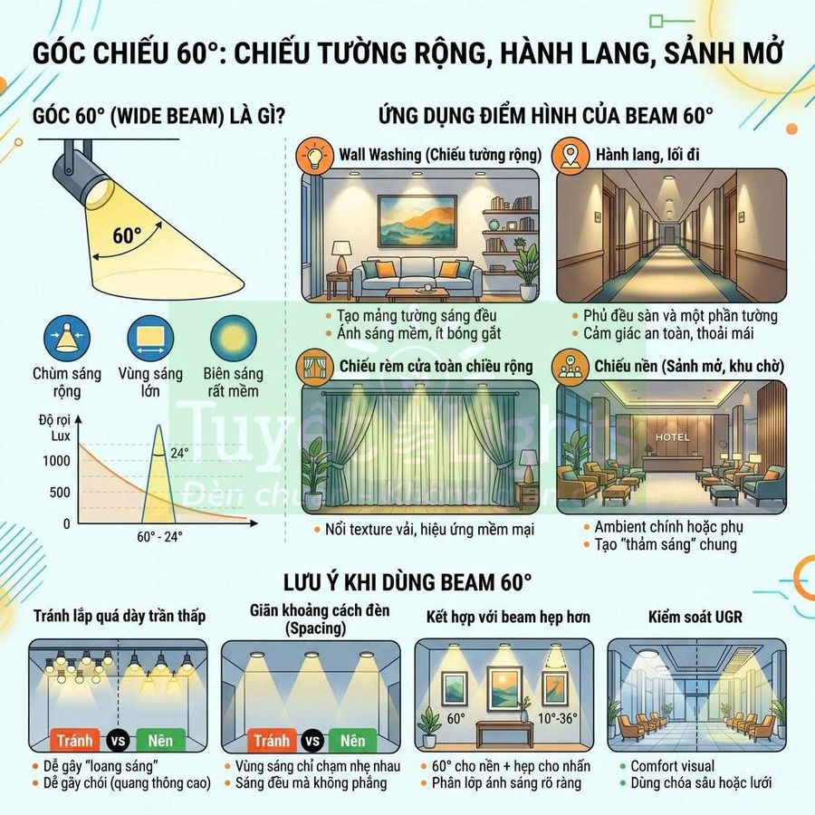 Infographic hướng dẫn sử dụng đèn chiếu góc 60 độ cho tường, hành lang, sảnh và lưu ý lắp đặt
