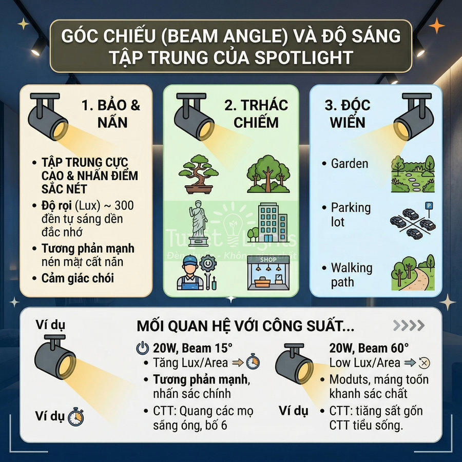 Infographic giải thích góc chiếu beam angle và độ sáng tập trung của đèn spotlight trong các không gian khác nhau