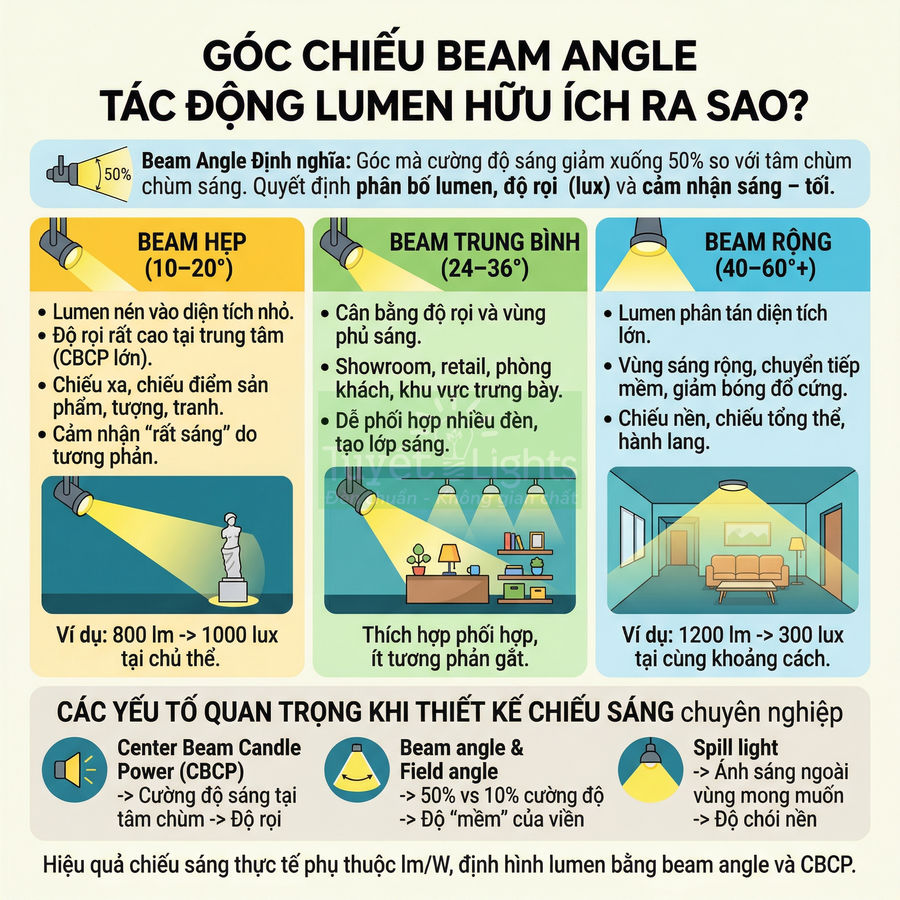 Infographic giải thích góc chiếu beam angle và ảnh hưởng đến phân bố lumen trong thiết kế chiếu sáng
