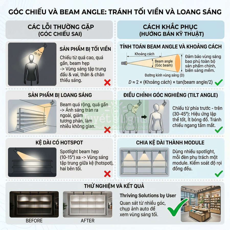 Hướng dẫn điều chỉnh góc chiếu và beam angle đèn spotlight để tránh tối viền, loang sáng cho kệ trưng bày cửa hàng