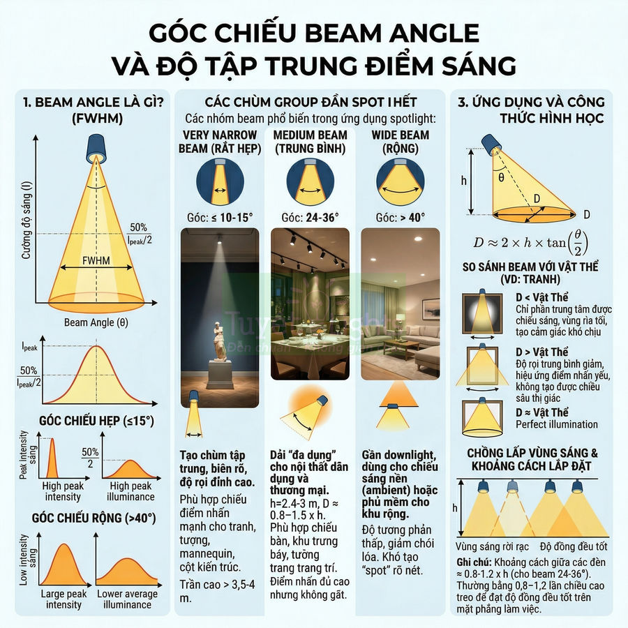 Infographic giải thích góc chiếu beam angle đèn spotlight và ứng dụng chiếu sáng tranh, tượng, phòng khách