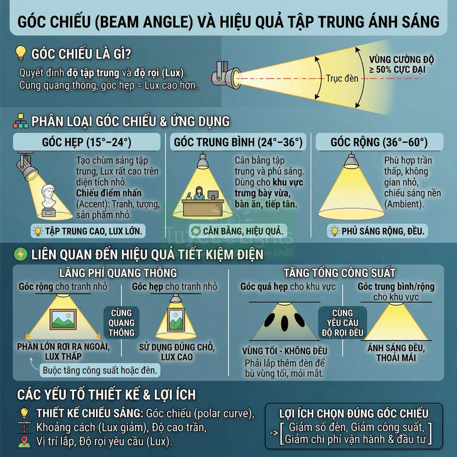 Infographic giải thích góc chiếu đèn LED, phân loại góc hẹp trung bình rộng và ảnh hưởng đến hiệu quả chiếu sáng
