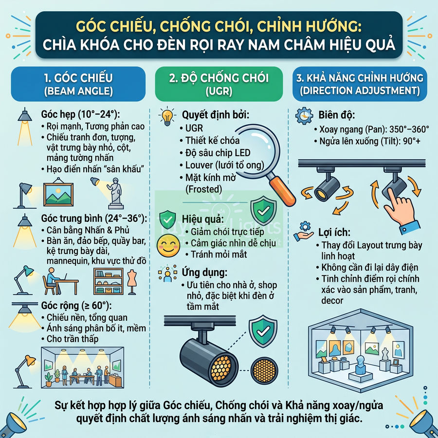 Infographic hướng dẫn chọn đèn rọi ray nam châm với góc chiếu, chống chói và khả năng chỉnh hướng hiệu quả