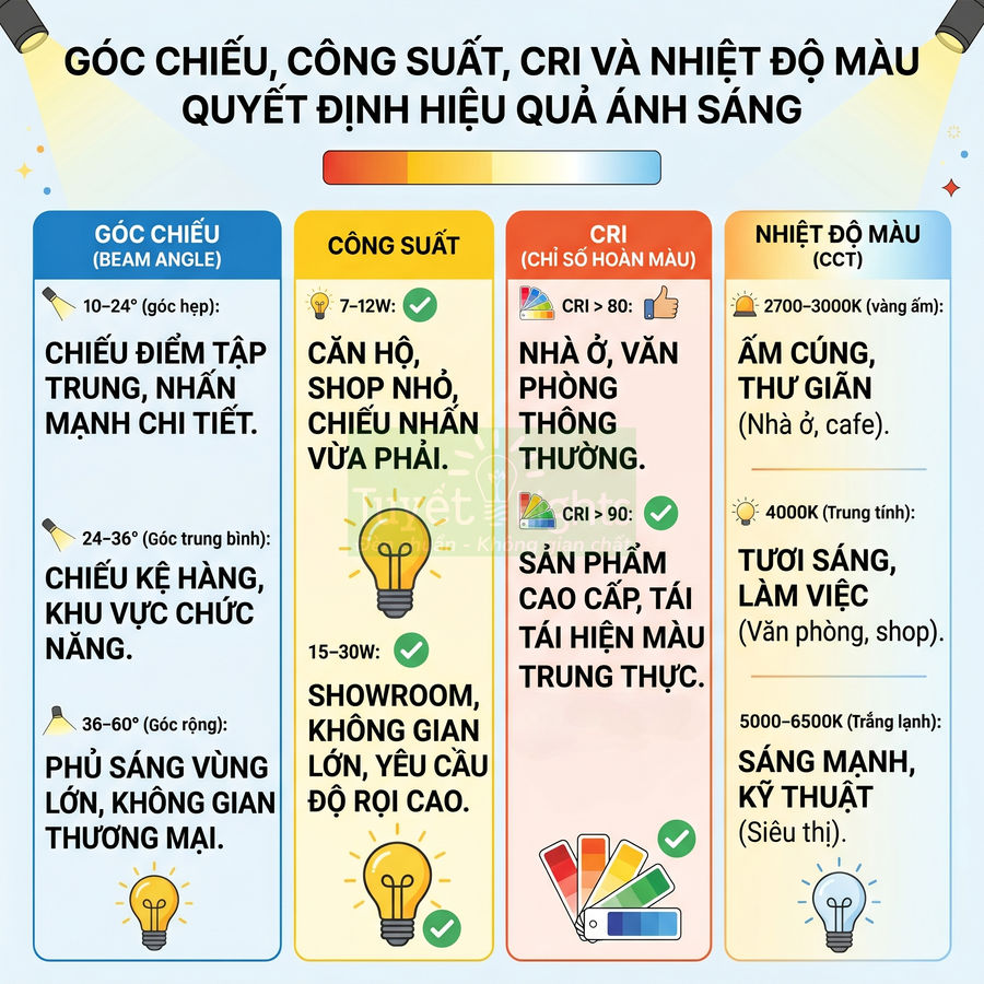 Infographic hướng dẫn chọn đèn LED theo góc chiếu, công suất, chỉ số CRI và nhiệt độ màu cho từng không gian