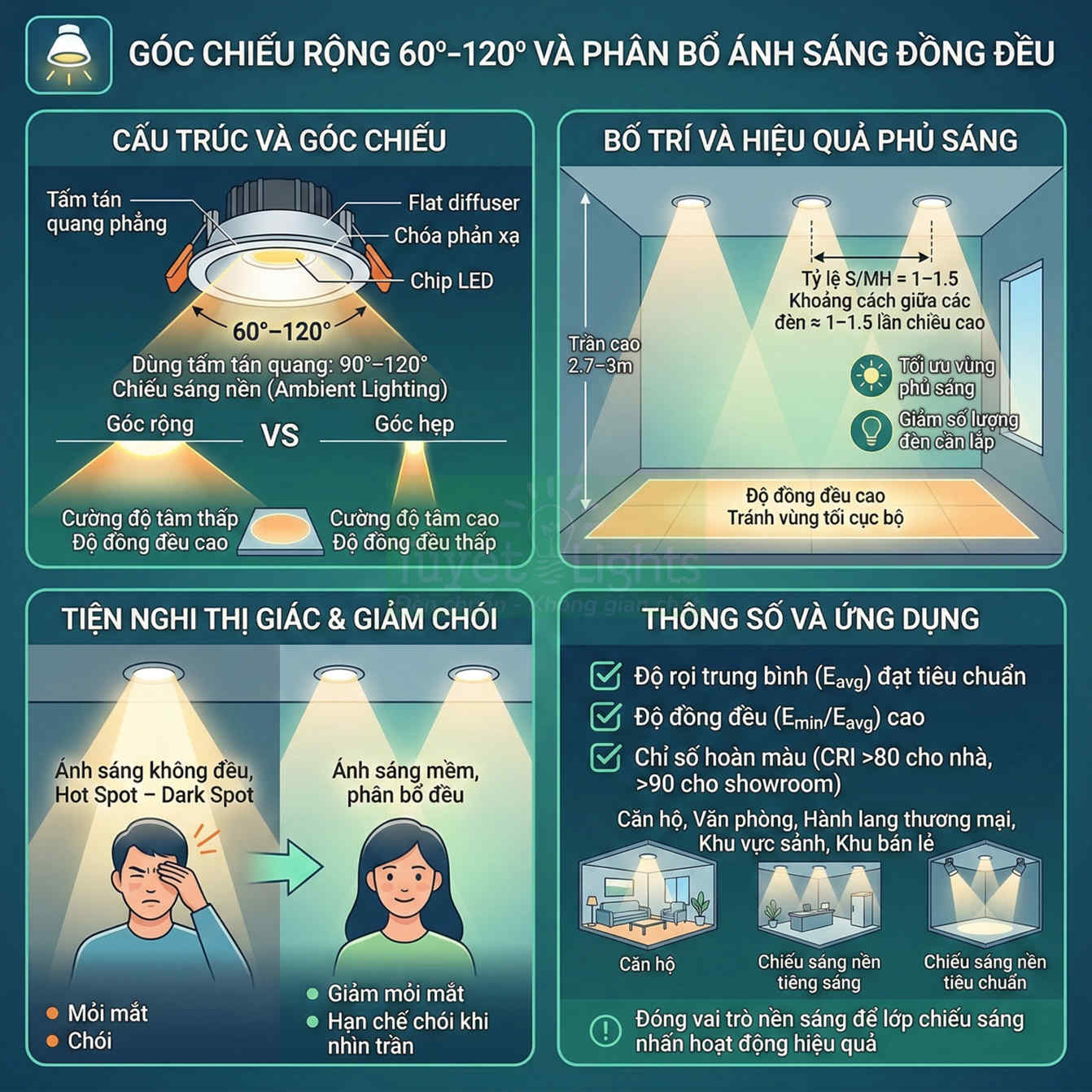 Infographic đèn LED âm trần góc chiếu rộng 60 120 độ, phân bố ánh sáng đồng đều, giảm chói, phù hợp chiếu sáng nội thất