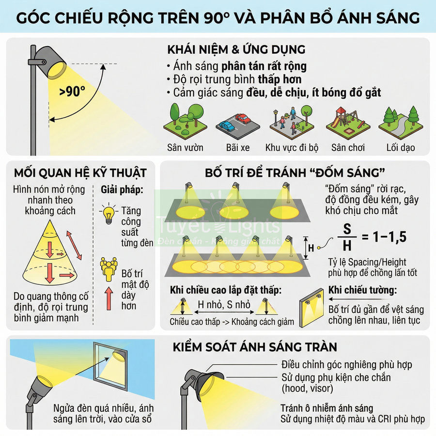 Infographic hướng dẫn bố trí đèn đường LED góc chiếu rộng trên 90 độ để phân bố ánh sáng đồng đều