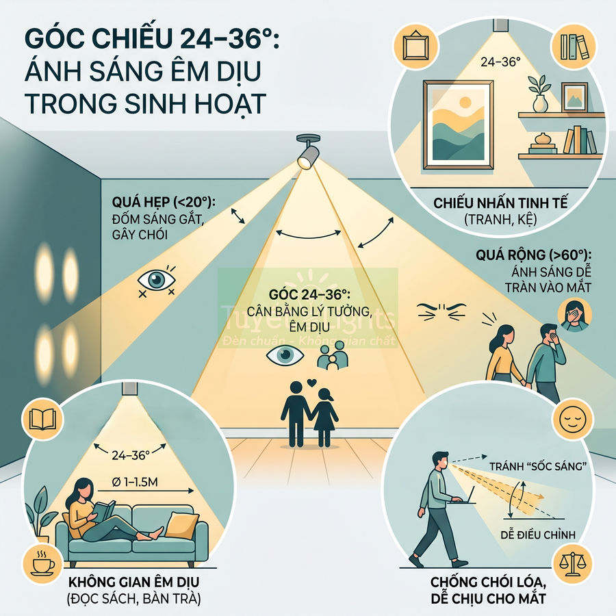 Infographic hướng dẫn chọn góc chiếu đèn LED 24–36 độ cho ánh sáng êm dịu, chống chói trong phòng khách