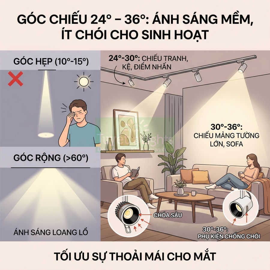 Minh họa góc chiếu đèn LED 24 36 độ cho phòng khách, ánh sáng mềm chống chói, tối ưu sự thoải mái cho mắt