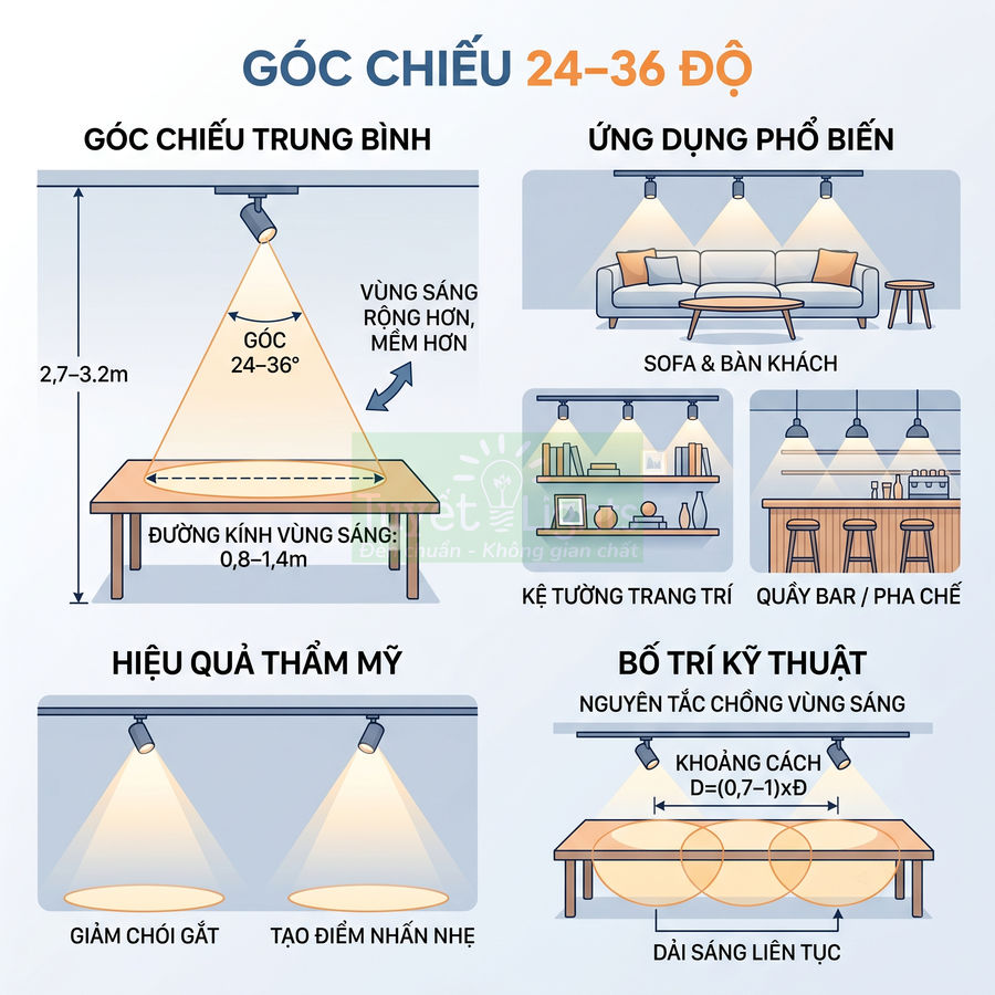 Minh họa góc chiếu 24 36 độ của đèn rọi ray cho bàn, sofa, kệ trang trí và quầy bar trong nội thất