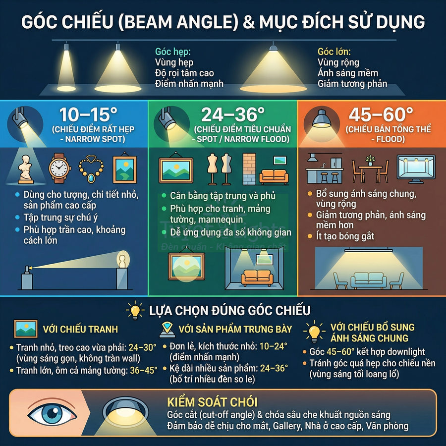 Infographic hướng dẫn chọn góc chiếu đèn LED 10–60 độ cho tranh, sản phẩm trưng bày và chiếu sáng phòng