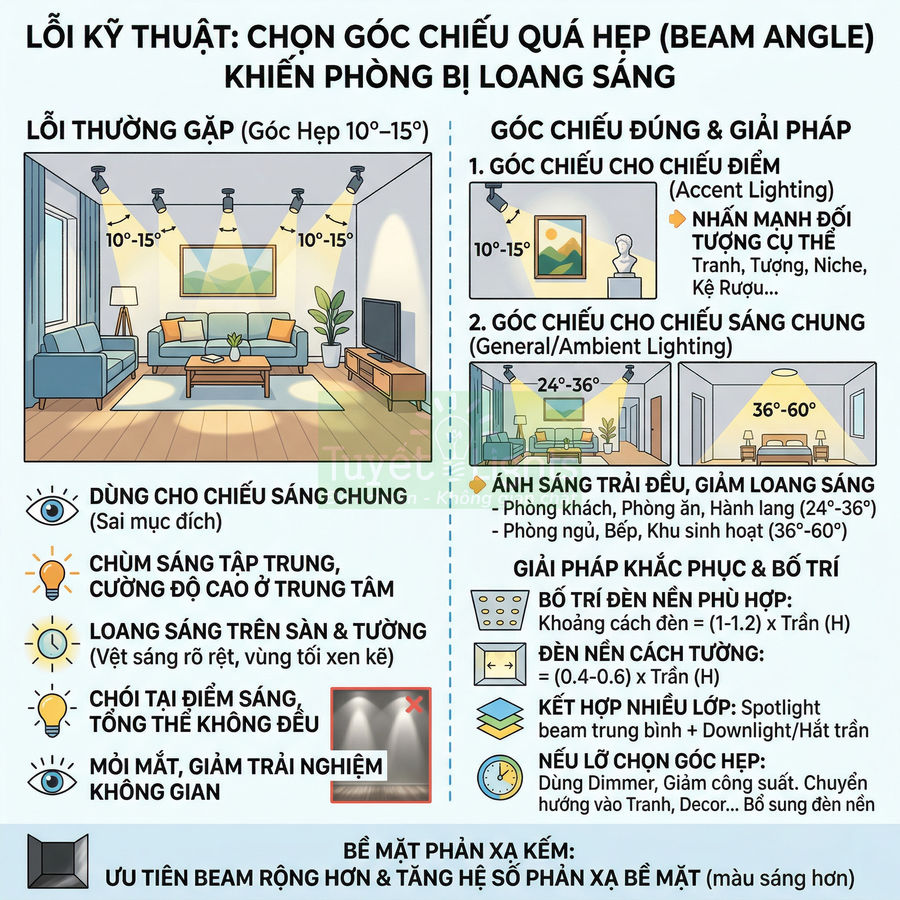 Infographic hướng dẫn chọn góc chiếu đèn LED cho phòng khách để tránh loang sáng và tạo ánh sáng đều
