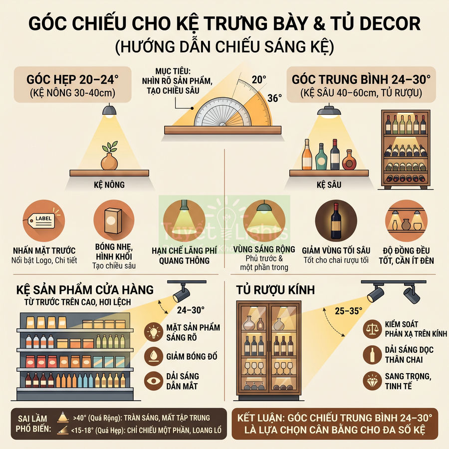Hướng dẫn chiếu sáng kệ trưng bày và tủ rượu kính, tối ưu góc đèn để làm nổi bật sản phẩm trên kệ