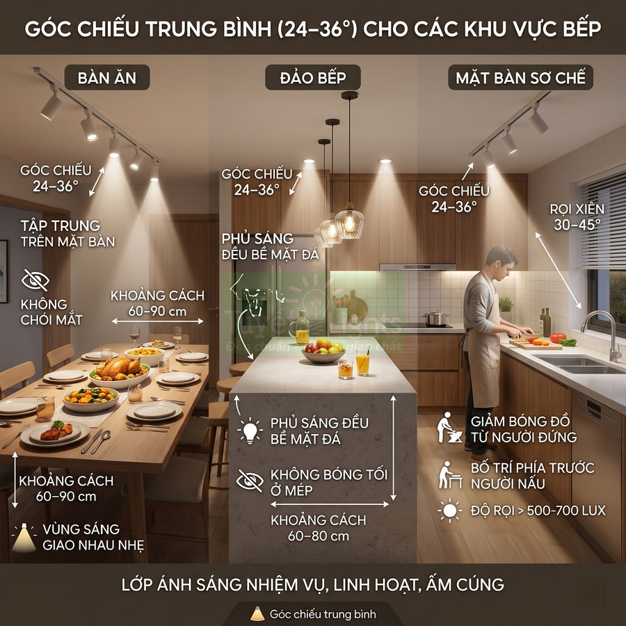 Đèn chiếu rọi trần cho bàn ăn, đảo bếp và mặt bàn sơ chế trong không gian bếp hiện đại