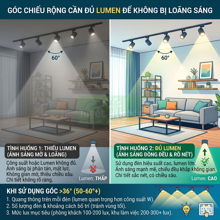 So sánh phòng khách dùng đèn rọi ray thiếu lumen và đủ lumen với góc chiếu 60 độ, ánh sáng mờ và sáng rõ