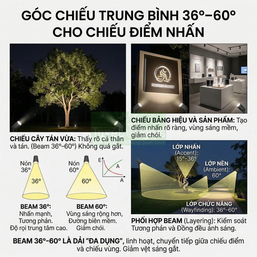 Đèn chiếu điểm ngoài trời góc chiếu trung bình 36 60 độ dùng chiếu cây, bảng hiệu và không gian trưng bày