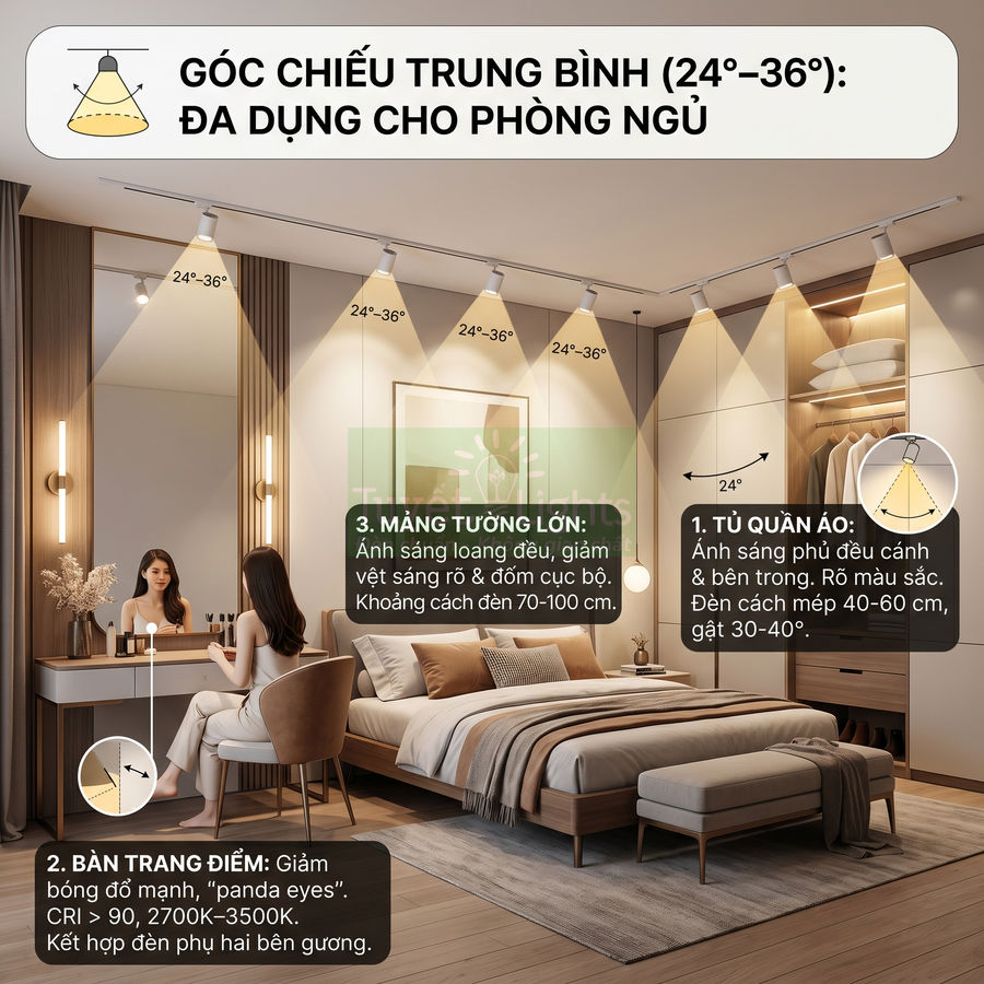 Đèn rọi ray góc chiếu trung bình chiếu sáng tủ quần áo, bàn trang điểm và mảng tường lớn trong phòng ngủ hiện đại