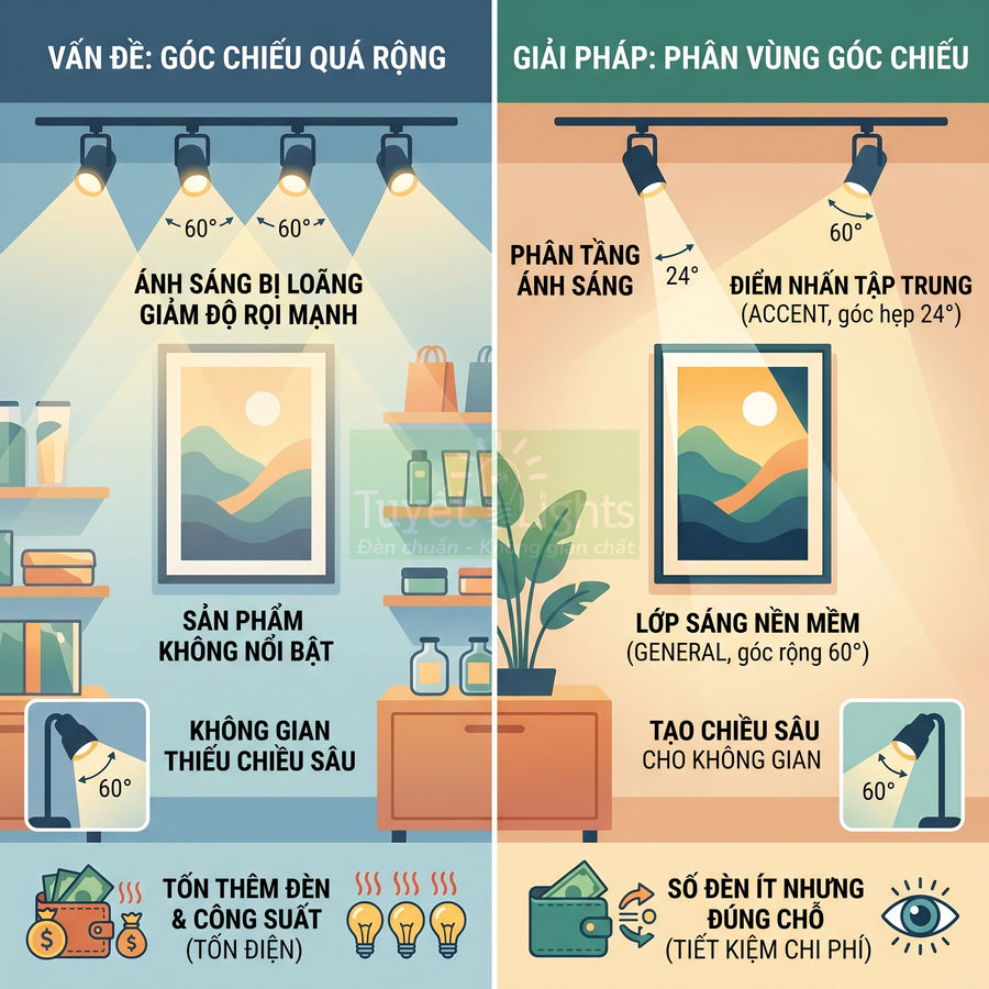 So sánh góc chiếu đèn rọi ray rộng và phân vùng góc chiếu để làm nổi bật sản phẩm trưng bày trong phòng