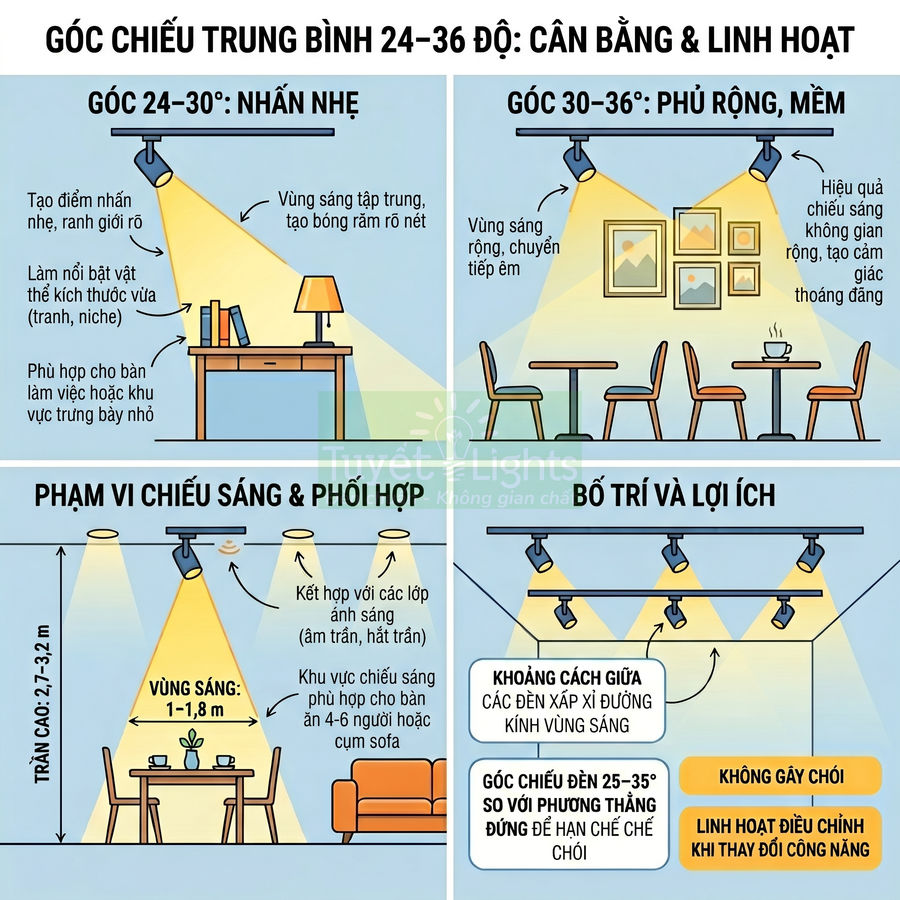 Minh họa góc chiếu đèn spotlight 24 36 độ cho bàn làm việc, bàn ăn và khu vực sofa trong nhà