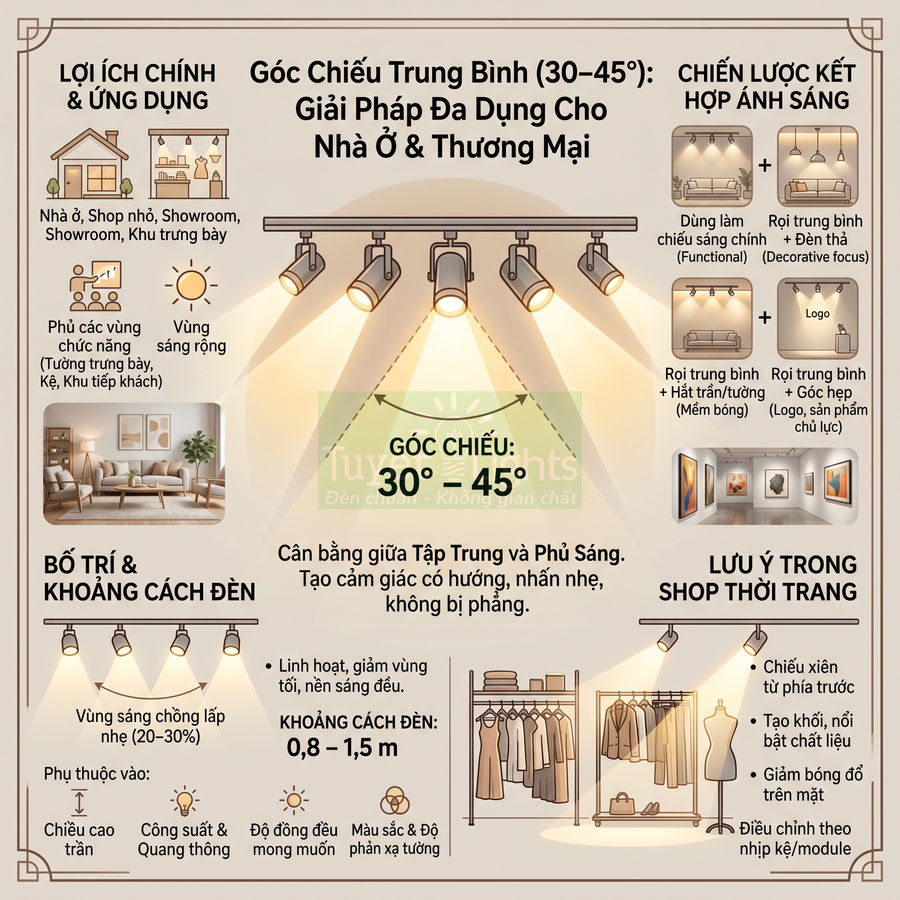 Infographic hướng dẫn bố trí đèn rọi ray góc chiếu 30 45 độ cho nhà ở showroom và shop thời trang