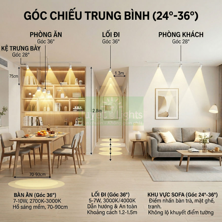 Đèn LED âm trần chiếu điểm cho phòng ăn, lối đi và phòng khách trong căn hộ hiện đại