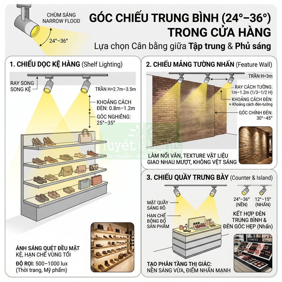 Minh họa bố trí đèn rọi ray chiếu kệ giày dép túi xách và quầy mỹ phẩm trong cửa hàng thời trang